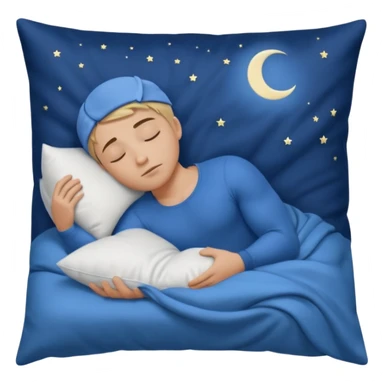 “A young muscular male with short dark-blonde hair and medium-light skin, wearing blue cloth. He sleeps on his side, holding a soft white pillow, his head on a smooth blue pillow. A sleeping symbol floats above him in the dark, nighttime scene. A flowing blue blanket with silky folds covers him. sticker