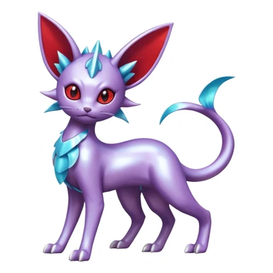 Mechanical Silvery Iridescent Miraidon-Espeon-Mewtwo-Vaporeon-Fakémon-hybrid-creature (full body)  with red eyes and intricate markings sticker