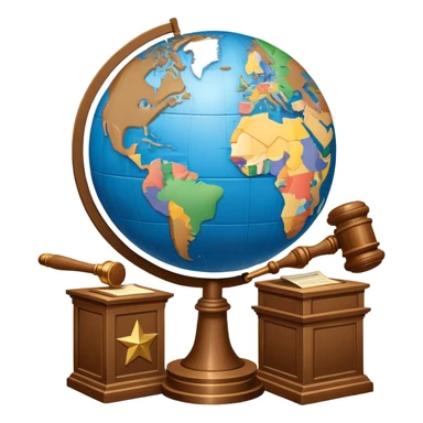 An icon featuring a globe with a gavel and a political map, symbolizing political science. The design includes a ballot box and a podium, representing democracy and governance. Transparent background highlights the study of political systems and global relations. sticker