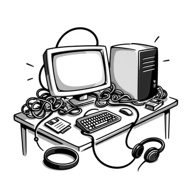 A messy desk full of cables, floppy disks, and a 2000s PC sticker