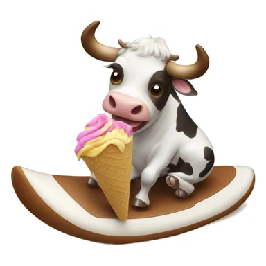 Cow surfing on a beach and eating an icecream sticker
