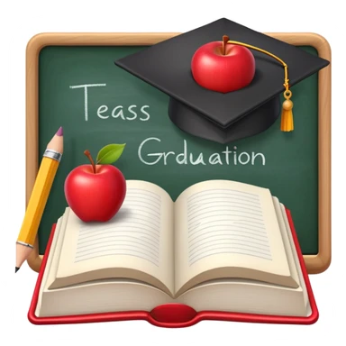 An icon featuring an open book, a chalkboard with lesson plans, and a pencil, symbolizing education and pedagogy. The design includes an apple and a graduation cap, representing teaching and learning. Transparent background highlights the growth and development in education. sticker