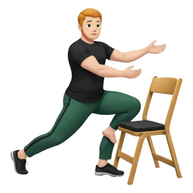 גבר זקן ג'ינג'י מלא כוסע שחור הפוך חולמה שחורה ומכנסיים ירוקות ארוכות מבצע תרגיל לאנג' בתמיכת כיסא מהצד שתי רגליים על הרצפה מח^זיק כיסא בידו sticker