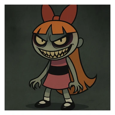 Full body cartoon style of Blossom from Powerpuff Girls with a scary and menacing face, keeping her signature pink dress and bow, using dark and eerie colors for the rest of the image. sticker