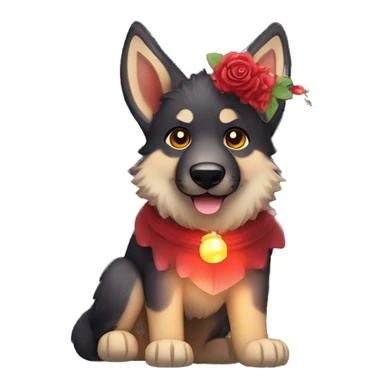 Midnight starry Brindled German shepherd fox carrying glowing red lantern, fairy lights, rose flower crown sticker