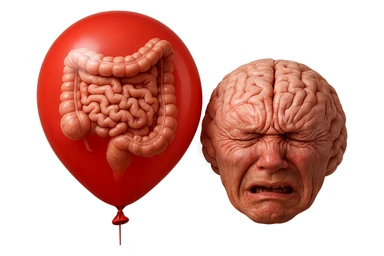 intestino umano anatomico chiuso in un palloncino rosso che simboleggia gonfiore, accanto un cervello stressato, iperrealistico 4k sticker