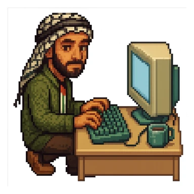 Create a pixel art style image of a man who is a Palestinian coder at a computer. Include subtle Palestinian cultural elements in the design. The background should be removed, focusing on the character and the computer setup. sticker