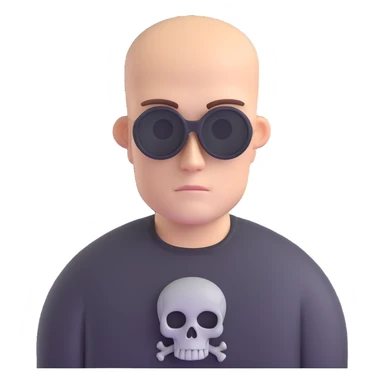 man with oval-shaped flat-top head wearing a black shirt with a gray skull on the front sticker