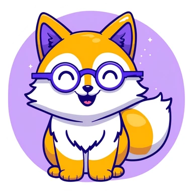 A magical fox with shimmering purple and blue fur, a glowing tail, a silver star on its forehead, and round glasses, laughing so hard that tears are streaming from its eyes sticker