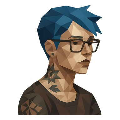 low-poly style character with blue hair, glasses, and tattoos sticker