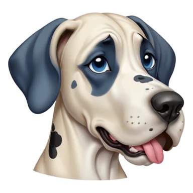 Cinematic Cute Yawning Harlequin Great Dane Portrait Emoji, Head tilted slightly with a dramatic, wide-open yawn, showcasing a smooth coat of predominantly white with bold black patches, floppy ears slightly drooping, round blue eyes barely open in drowsy contentment, Simplified yet irresistibly adorable features, highly detailed, glowing with a soft, cozy glow, high shine, relaxed yet expressive, stylized with a touch of whimsy, bright and endearing, soft glowing outline, capturing the essence of a sleepy yet affectionate guardian, so drowsy it feels like it could stretch out of the screen and curl up for a nap! sticker