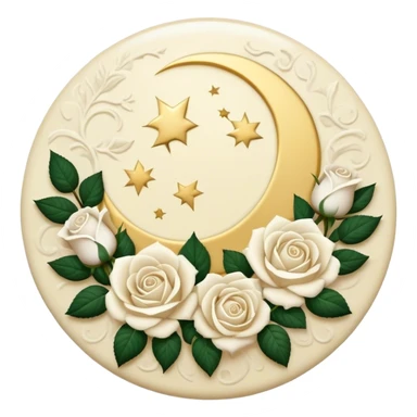 A round cream button with a full damask style moon and white roses in the center sticker