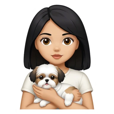 A girl with black hair and tan skin, holding a white Shih Tzu dog. sticker