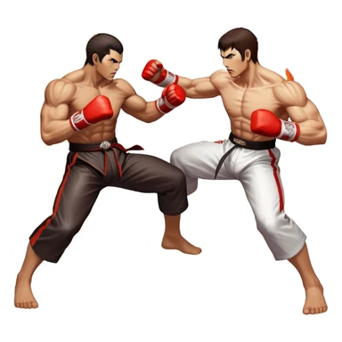 An icon showing two fighters in an intense battle, inspired by Tekken. The design features dynamic poses with powerful punches and kicks, surrounded by a vibrant, action-packed background. The characters are detailed, with glowing effects highlighting their strength. Transparent background. sticker