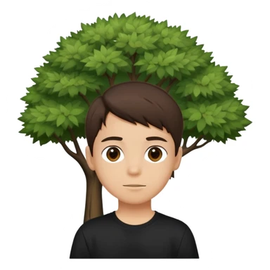 boy with straight short brunette hair brown eyes black tshirt on and tree behind sticker