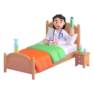 character in bed with thermometer and medicine sticker