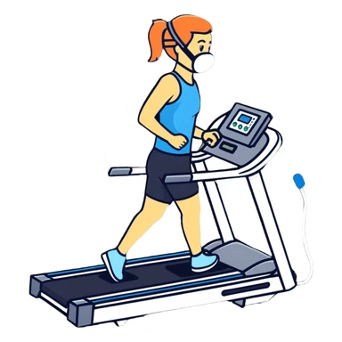 Runner on treadmill wearing oxygen consumption mask with tubes and sensors, VO2 max test in progress sticker