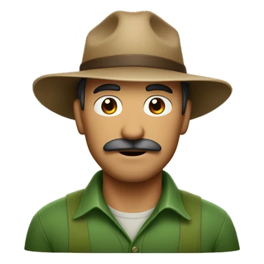 a man with a thin mustache wearing a brown farmer's hat. His job is a farmer and he wears green clothes. sticker