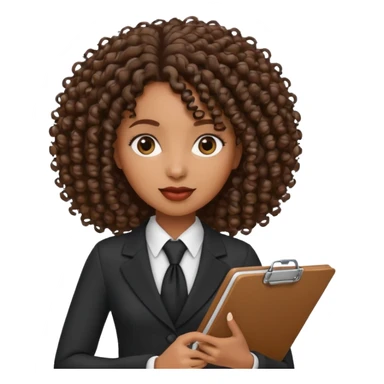 black woman in formal attire, curly hair, holding a clipboard sticker