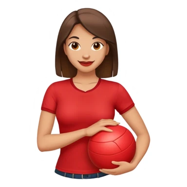 make a woman in a tight red shirt smirking and holding a tan ball sticker