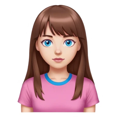 White girl with long brown hair and bangs with blue eyes and pink tshirt sticker