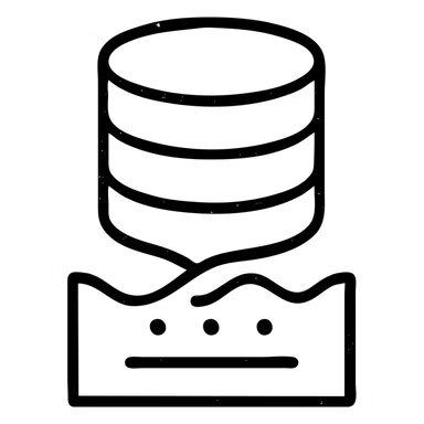 abstract minimalist outlined icon of database shapes intersecting with a basement motif, with abstract data streams of lines, dots, or waves, worn and distressed effect sticker