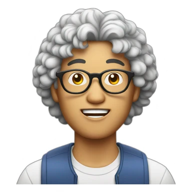 Asian man with round glasses and natural perm eating chicken sticker