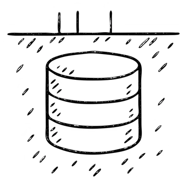 minimalist hand-drawn outlined icon of a database cylinder in a basement or underground setting, worn distressed effect sticker