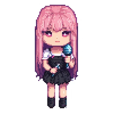 Blackpink Lisa as a pixel art character, cute and retro, holding a microphone sticker