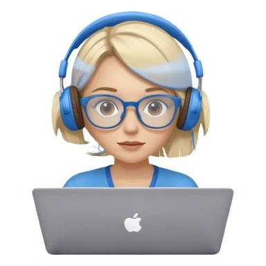 create a blonde hair women with brown eyes, blue glasses and blue headphones working on a laptop wearing a brown top. sticker