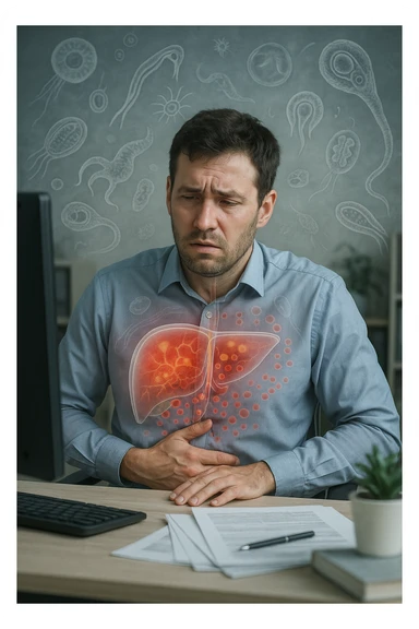 Man sitting at office desk experiencing subtle symptoms of liver dysfunction, upper abdominal pain, nausea, and unexplained fatigue Parasites: Types, Symptoms, Treatment & Prevention, expression of confusion about vague health issues, liver shown in transparent overlay with early inflammation, toxins beginning to accumulate in bloodstream, productivity declining as liver struggles to filter properly sticker