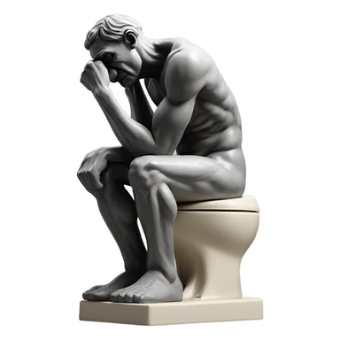 rodin sculpture the thinker but he's sitting on a toilet which is the same color as the man, and his head is resting forward on the top of his right hand sticker