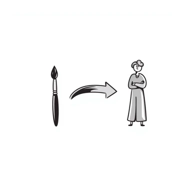 A paintbrush morphing into a silver metal human figure sculpture, representing artistic identity, with a shiny silver finish sticker