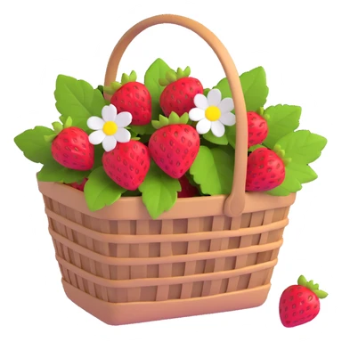A basket of strawberries in the 3D iOS model. The basket is light brown with a white floral pattern and red stitching. The strawberries are red with green leaves. sticker