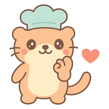 Move the otter's hand so it is almost touching its mouth in the chef's kiss gesture, keep the red heart, kawaii style with transparent background. sticker