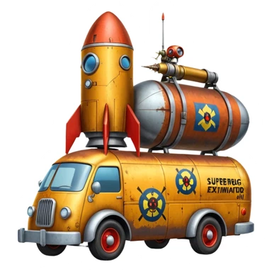 Heroic SuperBug Ron’s exterminator superminator antique rocket powered tall robot moving van (motto: Bombing creepy bugs is fun) sticker
