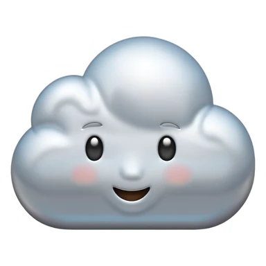 A cute cloud emoji made of silver chrome, smooth rounded shape, glossy metallic surface, soft reflections, minimal and friendly design, iOS emoji style, centered, clean white background, soft lighting sticker