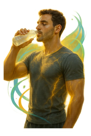 Uomo atletico sui 30 anni, al mattino presto, mentre beve una bevanda trasparente ricca di elettroliti da una borraccia. Il suo corpo è illuminato da una luce naturale dorata e mostra una leggera aura energetica attorno ai muscoli, simbolo di rigenerazione e recupero. Espressione rilassata e vitale, pelle idratata e luminosa. Intorno a lui flussi leggeri e colorati (blu, verde, arancio) rappresentano il bilanciamento degli elettroliti: sodio, potassio, magnesio. Ambiente naturale o cucina moderna minimalista. Atmosfera positiva, pulita e rinvigorente. sticker
