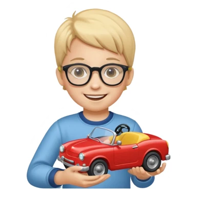 The child with glasses → is holding a toy car sticker