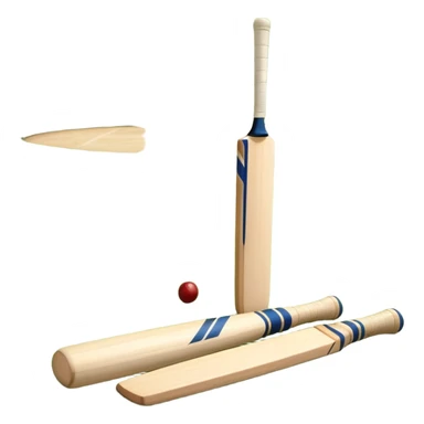 A cricket bat and ball resting on a well-manicured pitch, with the stumps and bails in the background. The scene emphasizes the traditional elements of the game, with the bat poised for a shot and the field reflecting a calm, competitive atmosphere. sticker