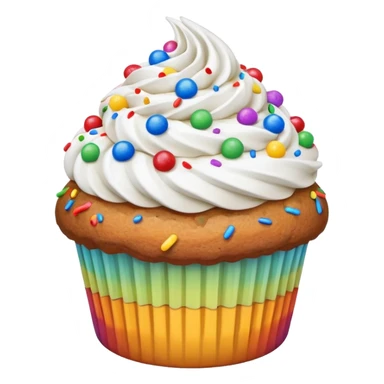 muffin topped with a swirl of whipped cream frosting and rainbow sprinkles sticker