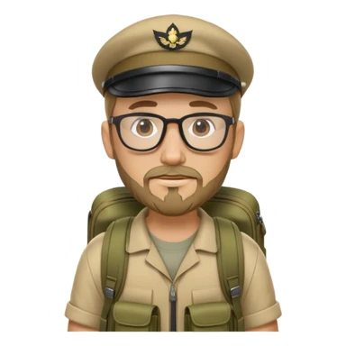 adventurer with goatee beard (no beard on cheeks), short hair, glasses, backwards military tan cap and backpack sticker