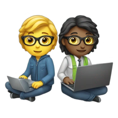 two IT nerds working on a laptop sticker