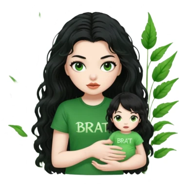 current charli xcx with here long black wavy hair, thich black sungrasses, pale skin, and a green baby tee that said brat in the brat font. sticker
