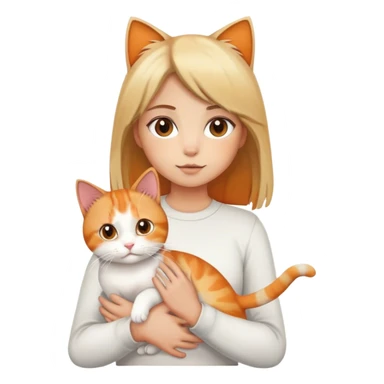 Girl with light brown and blonde hair holding a white, back and orange calico cat sticker