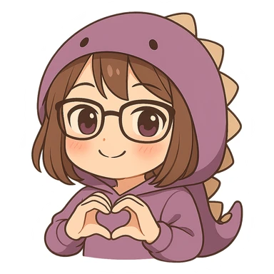 Chibi anime style gamer girl with glasses, brown hair, dark purple eyes, wearing a purple dinosaur costume, making a heart with her hands, blushing expression, no controller, no background, same style as reference. sticker