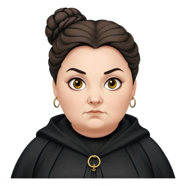 Alecto Carrow in harry potter, a woman fat, knot bun hair, look evil, black cloak sticker