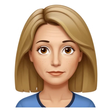 50 year old Caucasian woman with shoulder length brown hair and blond highlights and no bangs. Brown eyes with thin, black eyebrows. Medium size nose with a couple of freckles. Thin lips and slender shoulders. sticker