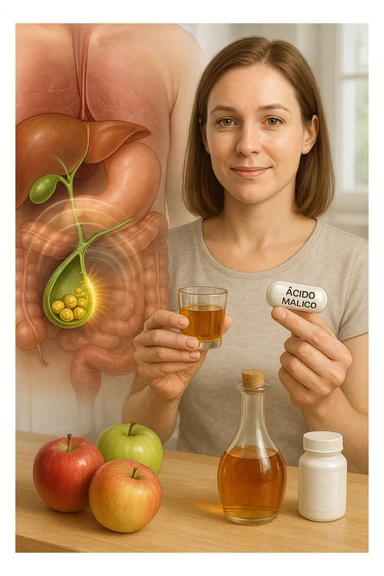 A detailed, realistic illustration or photo-style image showing a person holding a small glass of apple cider vinegar in one hand and a capsule labeled ‘Acido Malico’ in the other. In the foreground or as an overlay, a semi-transparent anatomical view of the abdomen highlights the gallbladder with visible small gallstones inside. Around the gallstones, gentle glowing waves or soft dissolving effects symbolize the softening or breakdown of the stones due to the natural acids. The person looks hopeful and calm, in a bright kitchen setting with fresh apples and natural health products on the counter. The overall mood is informative, natural, and hopeful about non-invasive, natural support for gallstone health sticker