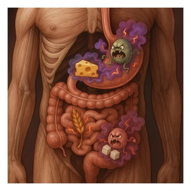 Realistic anatomical section of the human torso highlighting stomach and intestines. Inside the digestive tract, agitated stylized parasites react to foods like dairy, gluten, and sugars (foods highlighted). The parasites emit toxins or inflammatory signals such as colored gas and lightning lines. Medical illustrative style. sticker